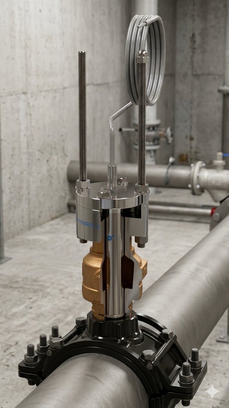 Halogen wet-tap sensor with high-pressure remover — cross section view