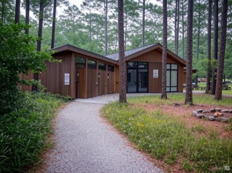 Campground restroom facility surrounded by pine trees