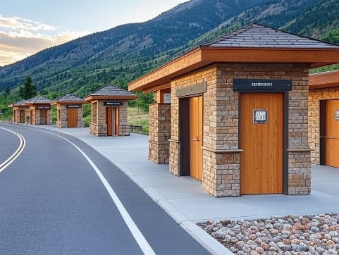 Highway rest stop facilities along a mountain road
